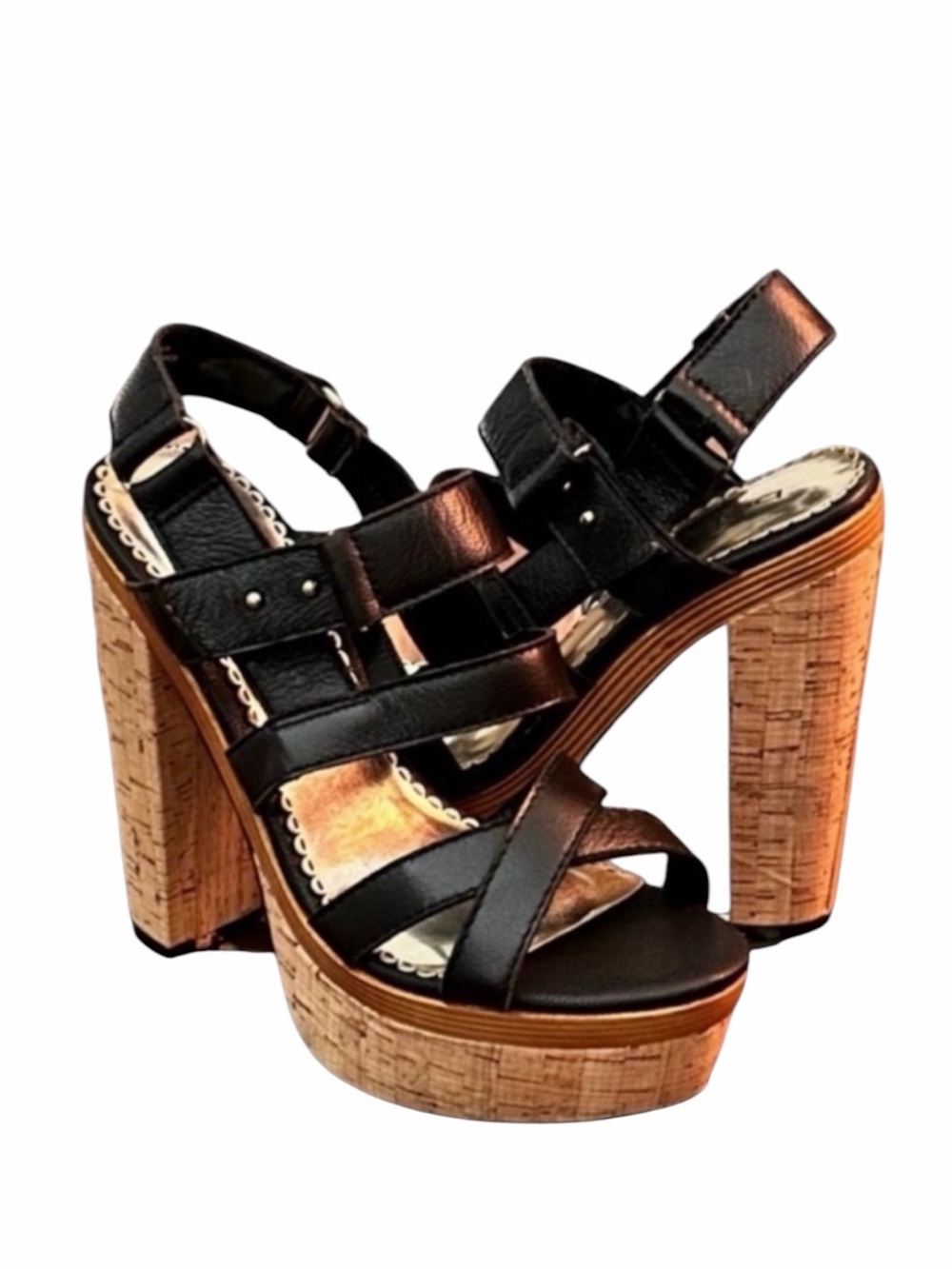 BeBe Black Leather Strappy Platform Cork Heel Paulina Sandals Size 9